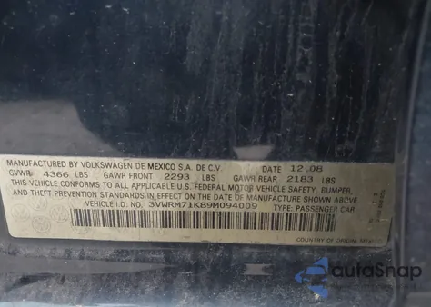 2009 Volkswagen Jetta Se из США, поврежденный, VIN 3VWRM71K89M094009